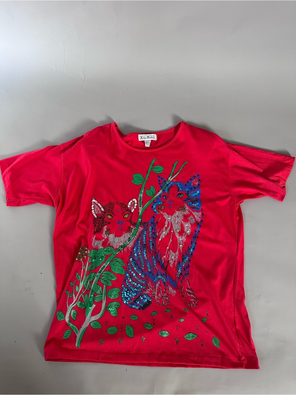 Vintage Cats Oversized Bright Red Tee With Sequins and Beads